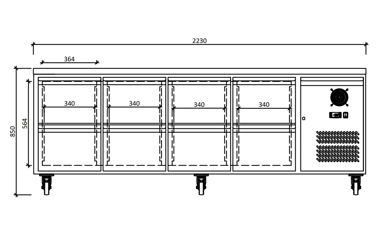 FED-X S/S Eight-Door Bench Fridge with Drawers - XUB7C22S4D