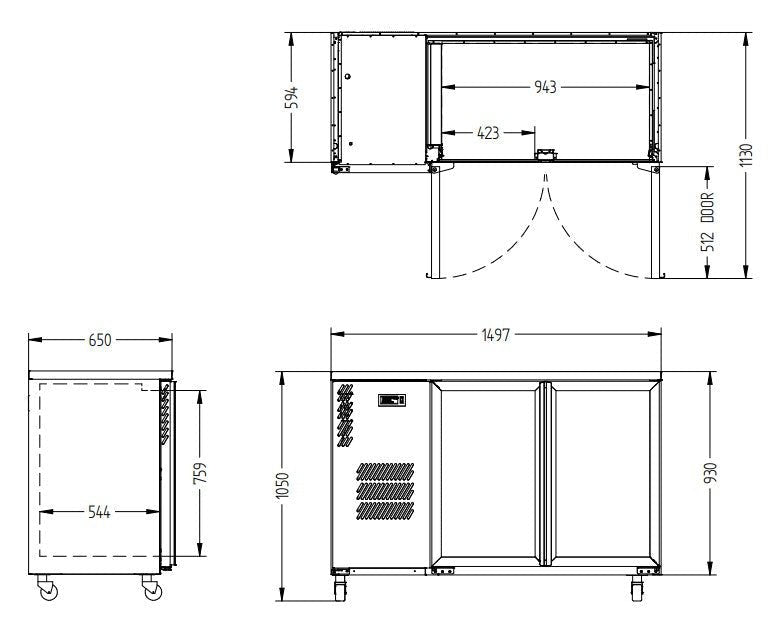 Williams Cameo - Two Door Black Colorbond Under Counter Display Refrigerator