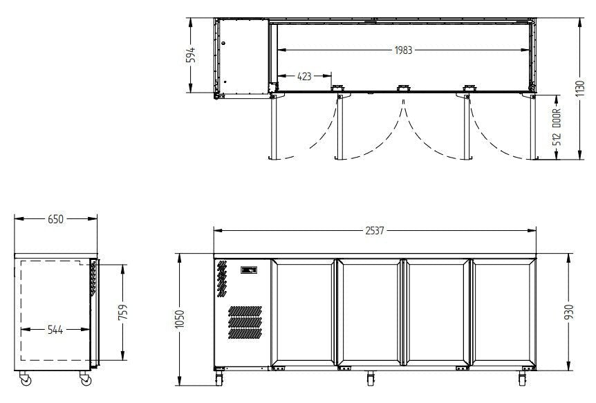 Williams Cameo - Four Door Black Colorbond Under Counter Display Refrigerator