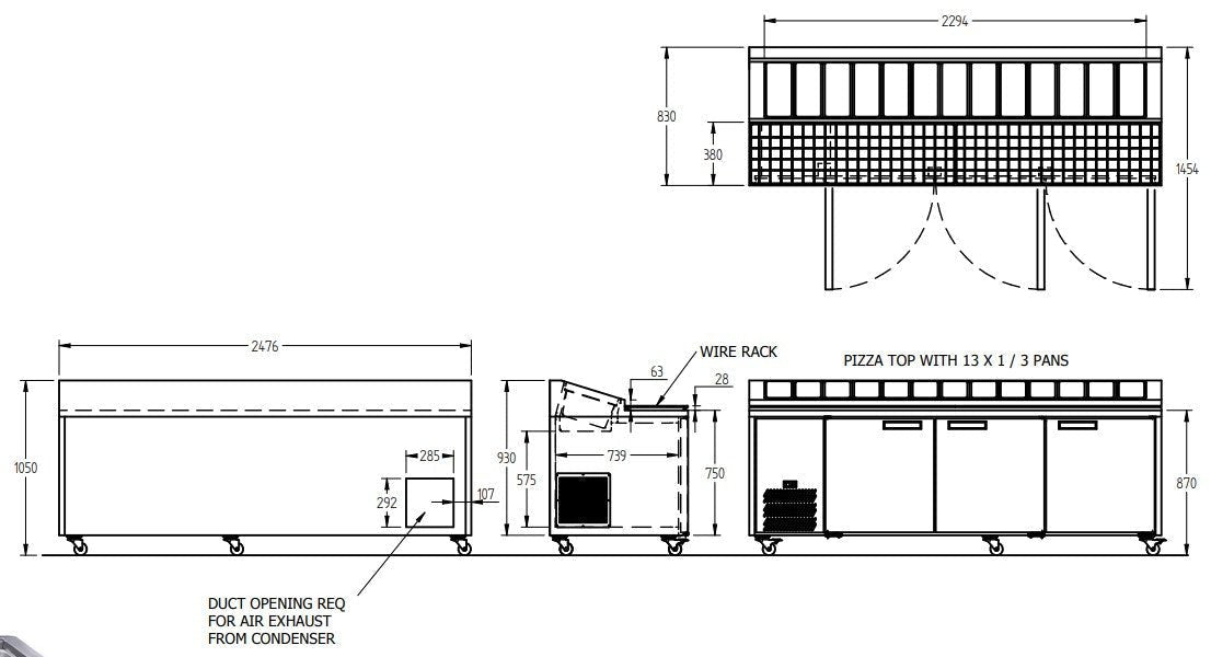 Williams Jade Pizza - Three Door Stainless Steel Pizza Prep Counter Refrigerator With Blown Air Well