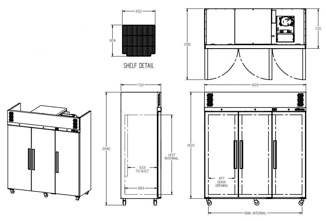 Williams Pearl - Three Door White Colorbond Upright Storage Refrigerator