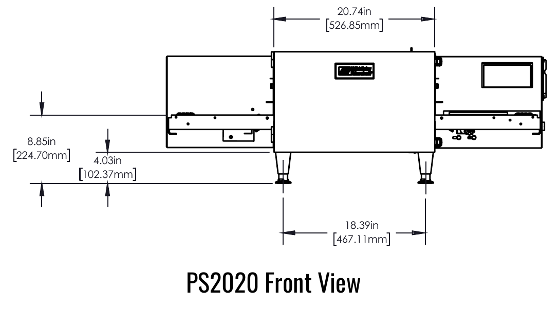 PS2020G front manufacturer drawing. Reference configuration; check the product description for stand inclusion and dimensions.