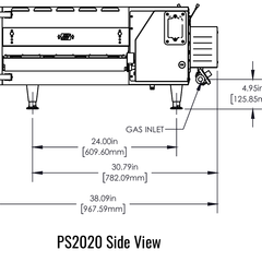 PS2020G side manufacturer drawing. Reference configuration; check the product description for stand inclusion and dimensions.