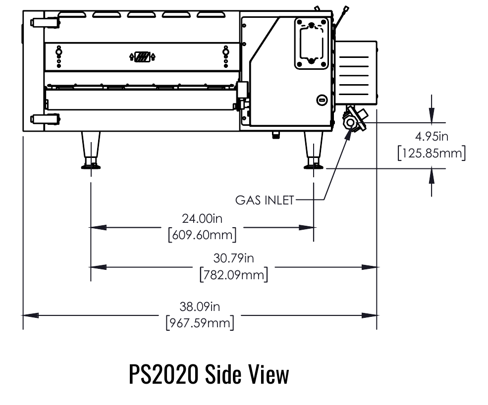 PS2020G side manufacturer drawing. Reference configuration; check the product description for stand inclusion and dimensions.