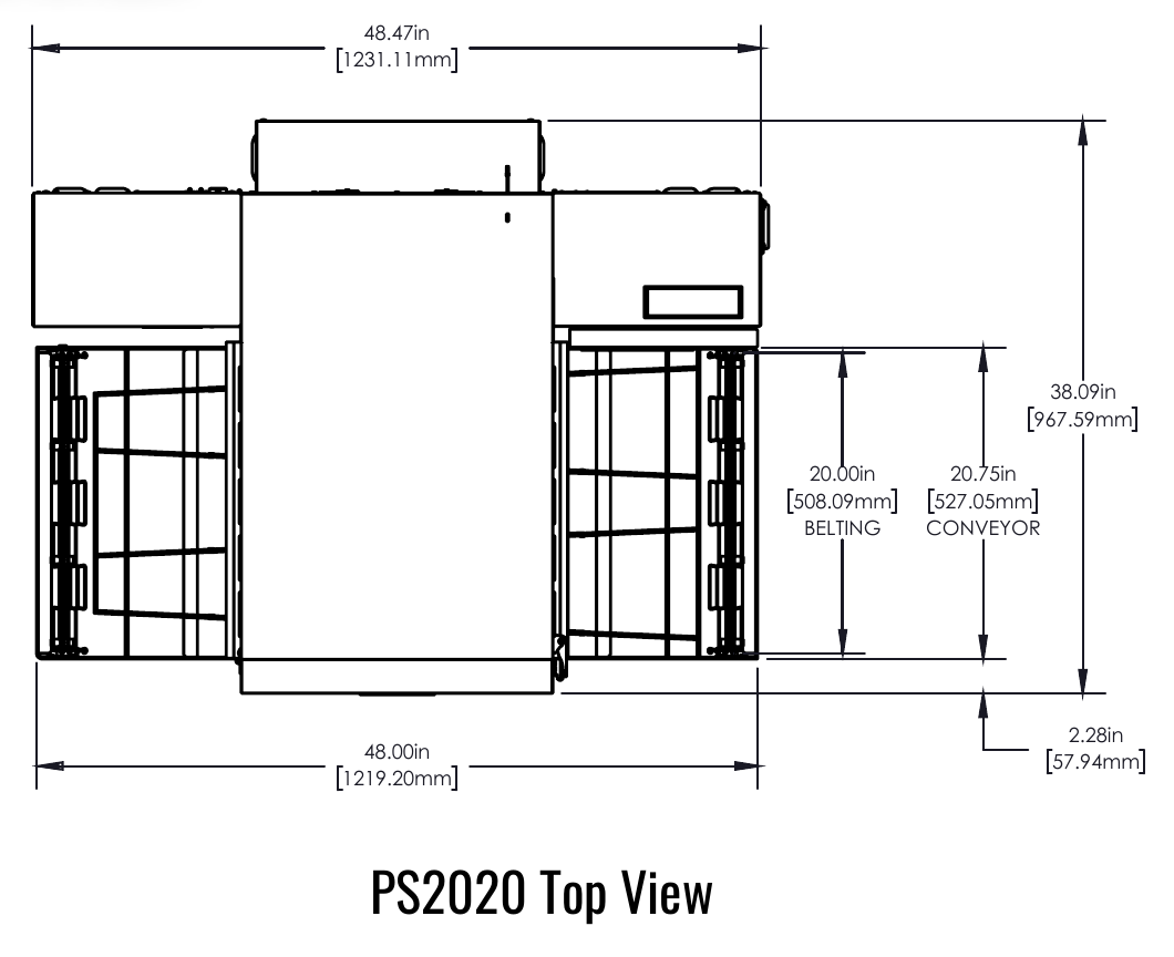 PS2020G top manufacturer drawing. Reference configuration; check the product description for stand inclusion and dimensions.