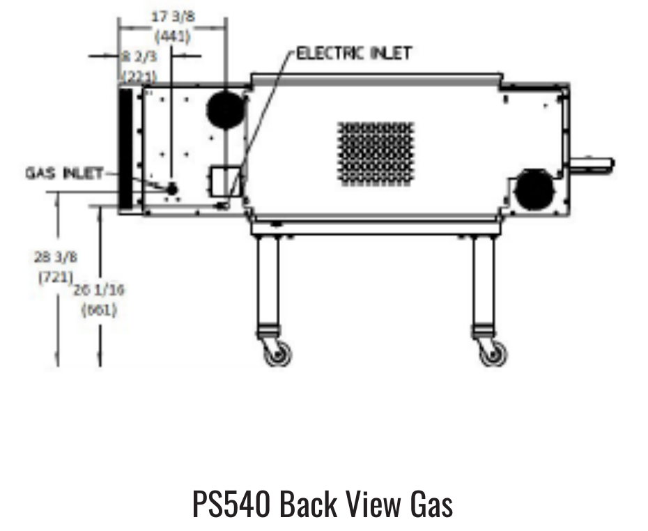 PS540 back gas manufacturer drawing. Reference configuration; check the product description for stand inclusion and dimensions.