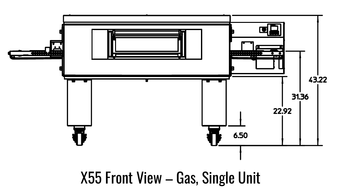 X55 front manufacturer drawing. Reference configuration; check the product description for stand inclusion and dimensions.
