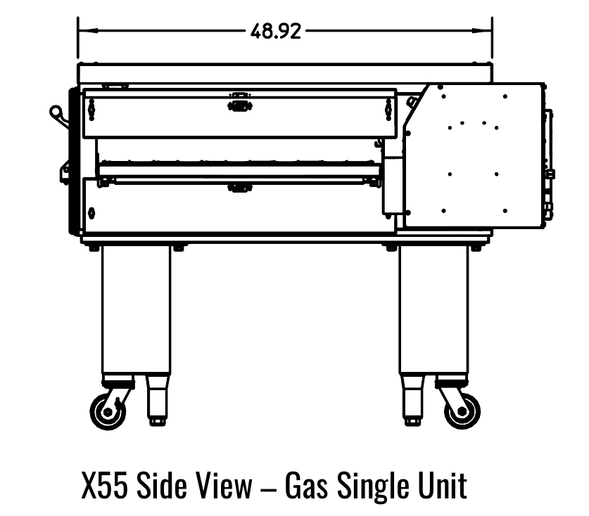 X55 side manufacturer drawing. Reference configuration; check the product description for stand inclusion and dimensions.