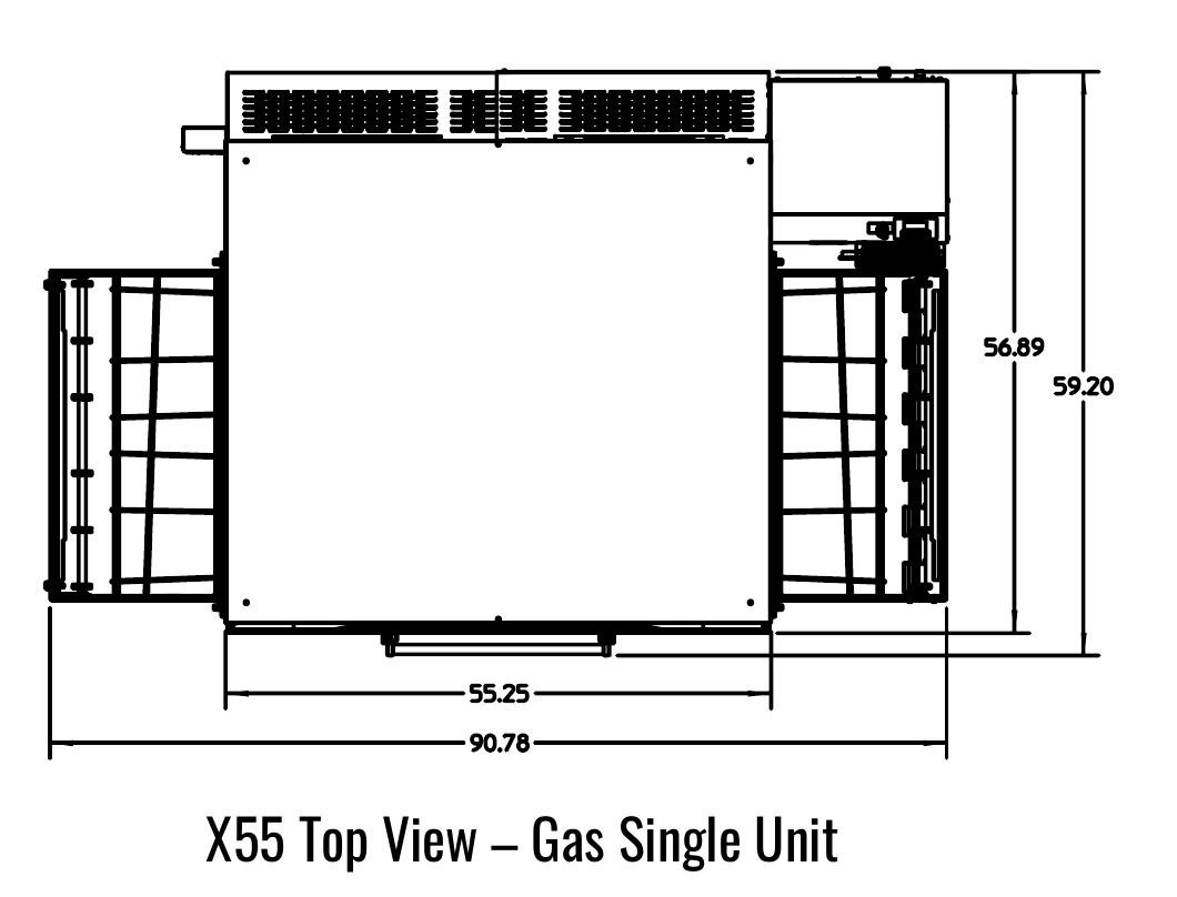 X55 top manufacturer drawing. Reference configuration; check the product description for stand inclusion and dimensions.