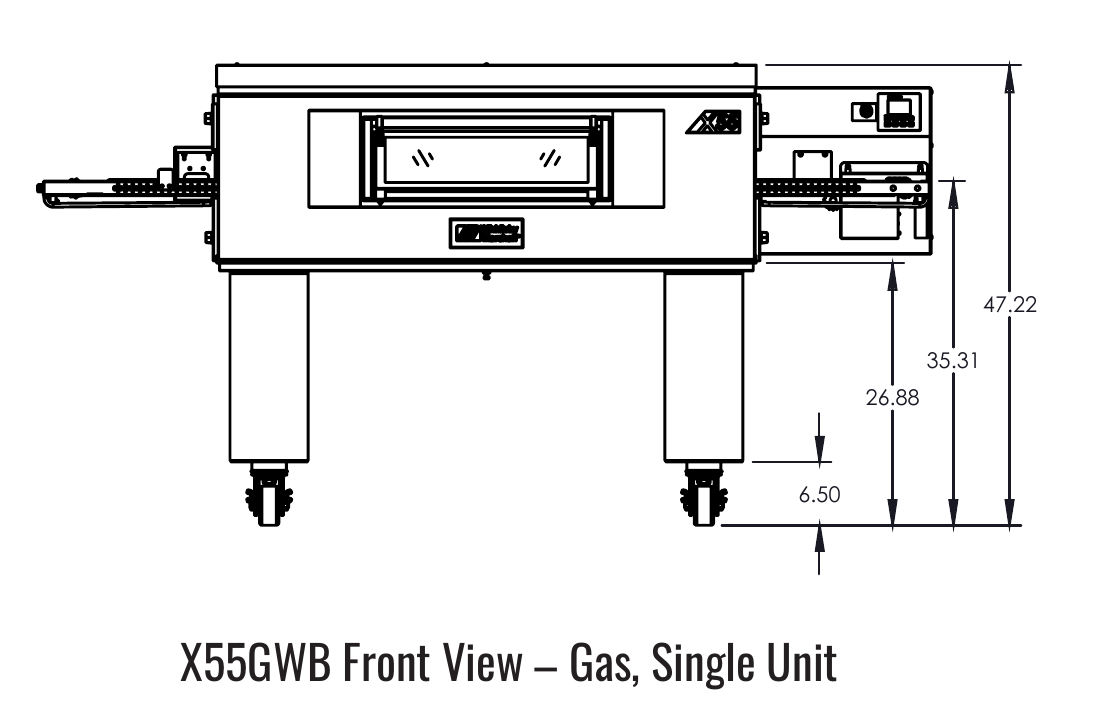X55GWB front manufacturer drawing. Reference configuration; check the product description for stand inclusion and dimensions.