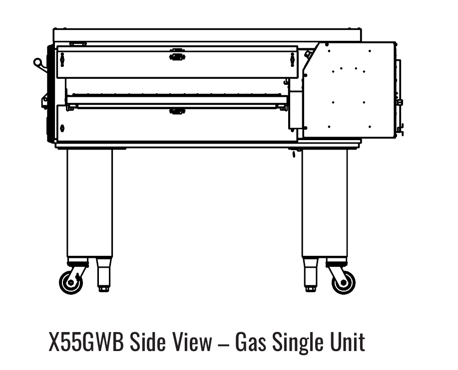 X55GWB side manufacturer drawing. Reference configuration; check the product description for stand inclusion and dimensions.