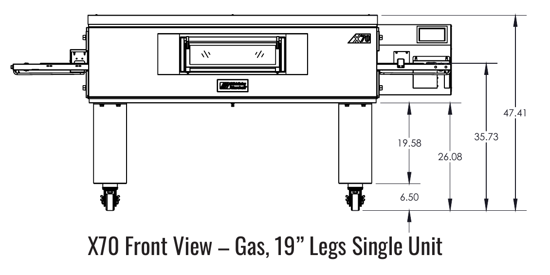 X70 front 19in legs manufacturer drawing. Reference configuration; check the product description for stand inclusion and dimensions.