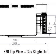 X70 top manufacturer drawing. Reference configuration; check the product description for stand inclusion and dimensions.