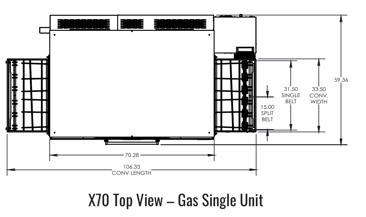 X70 top manufacturer drawing. Reference configuration; check the product description for stand inclusion and dimensions.