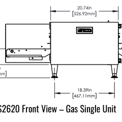 Middleby Marshall PS2620G front view manufacturer drawing, single gas oven; dimensions are a reference configuration.