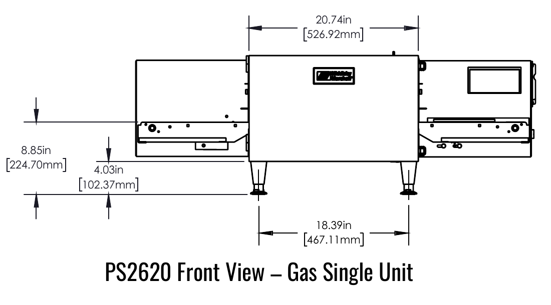 Middleby Marshall PS2620G front view manufacturer drawing, single gas oven; dimensions are a reference configuration.