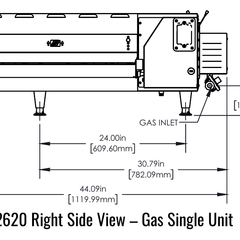 Middleby Marshall PS2620G side view manufacturer drawing, single gas oven; dimensions are a reference configuration.
