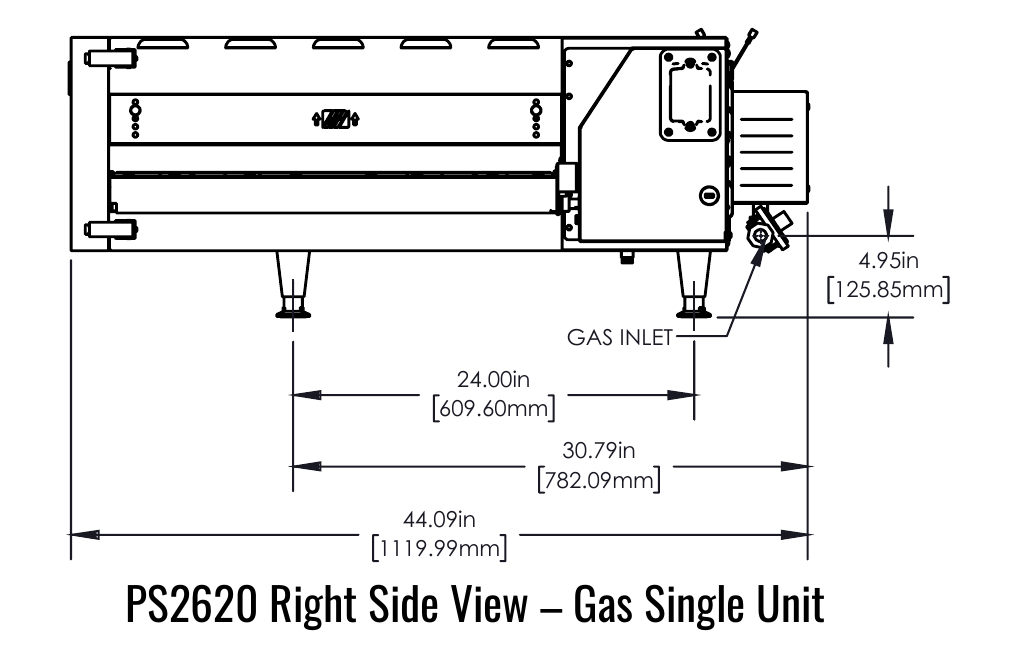 Middleby Marshall PS2620G side view manufacturer drawing, single gas oven; dimensions are a reference configuration.