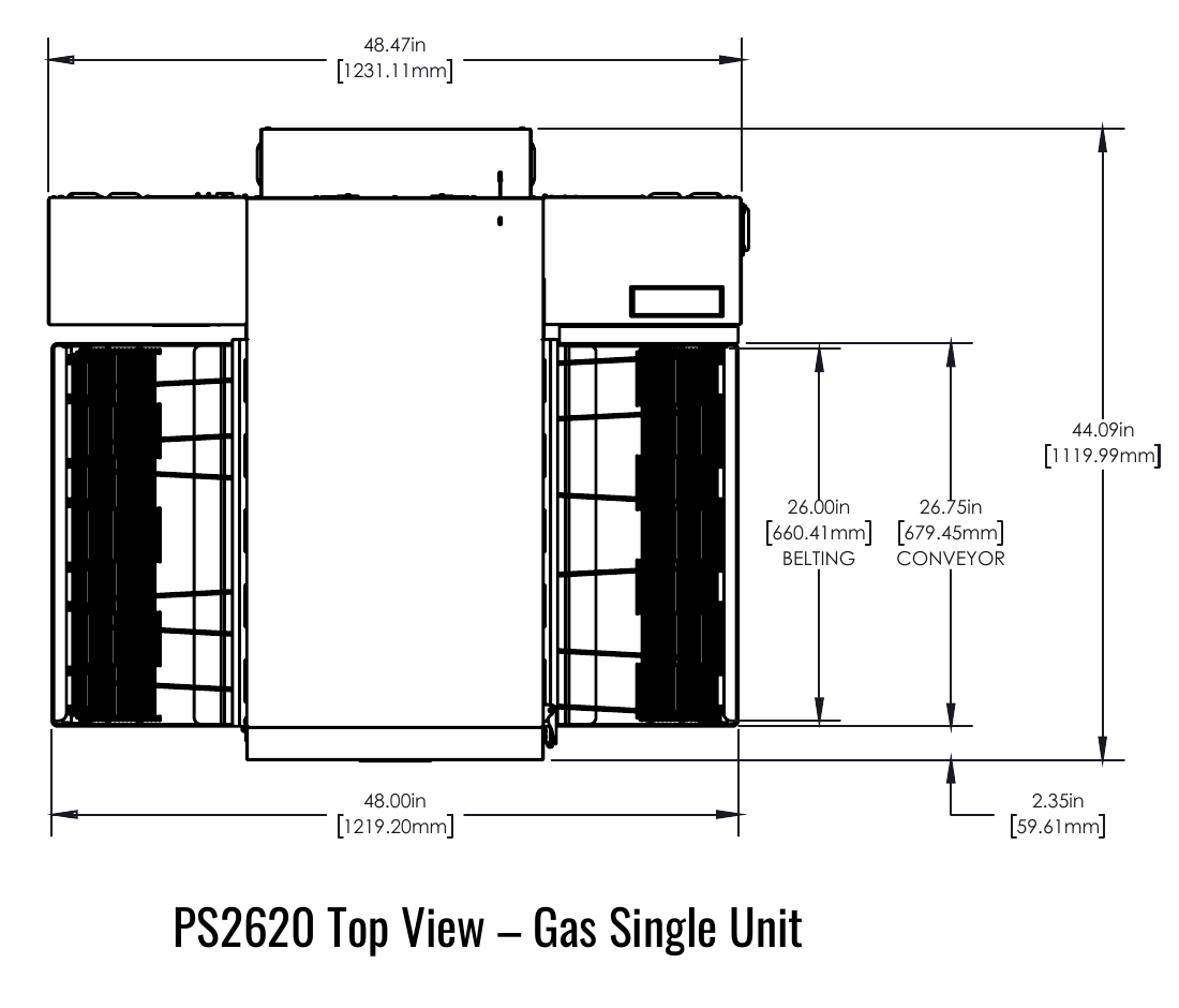 Middleby Marshall PS2620G top view manufacturer drawing, single gas oven; dimensions are a reference configuration.