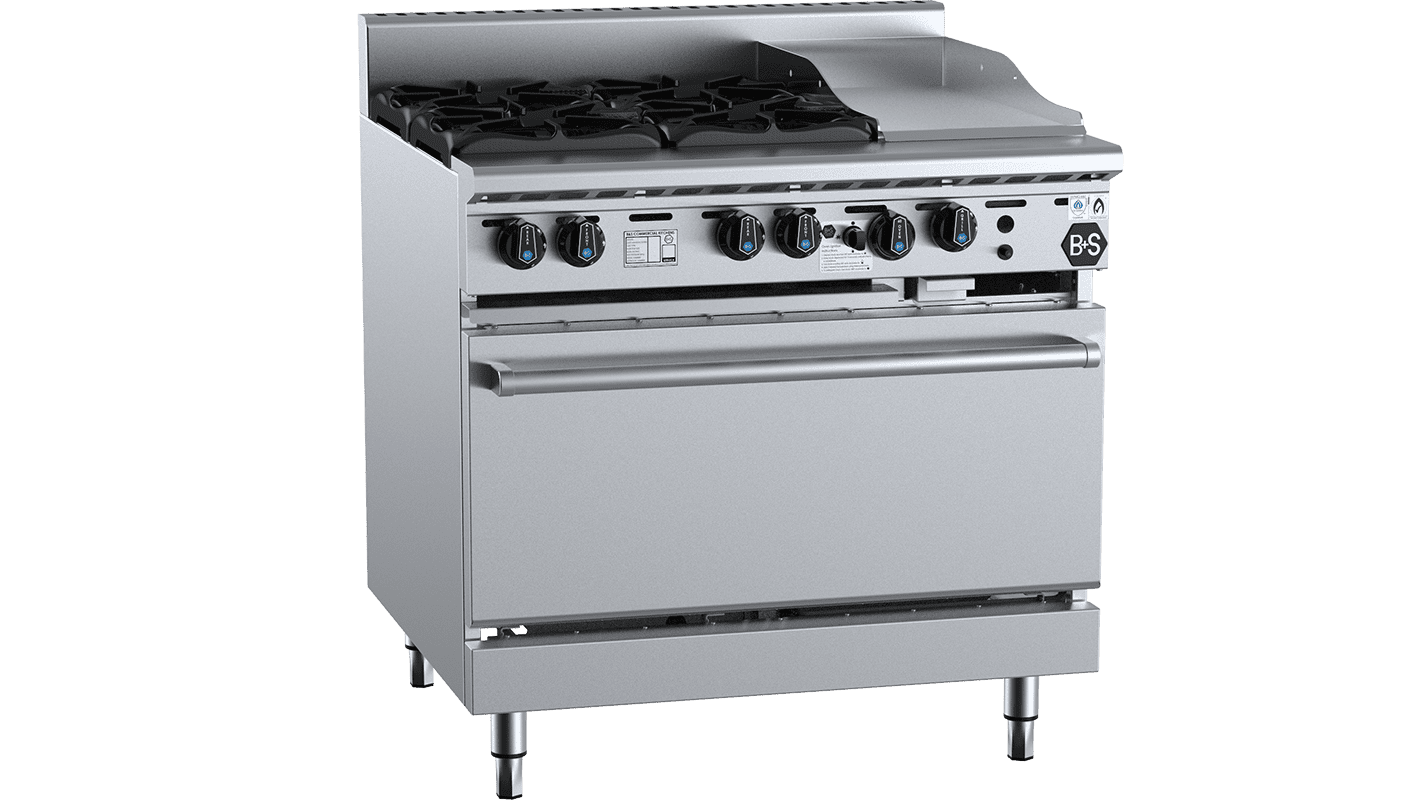 B+S Black Oven with Four Open Burners & 300mm Grill Plate Natural Gas