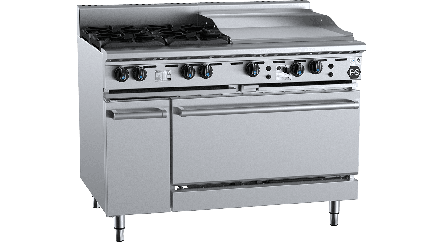 B+S Black Oven with Four Open Burners & 600mm Grill Plate Natural Gas