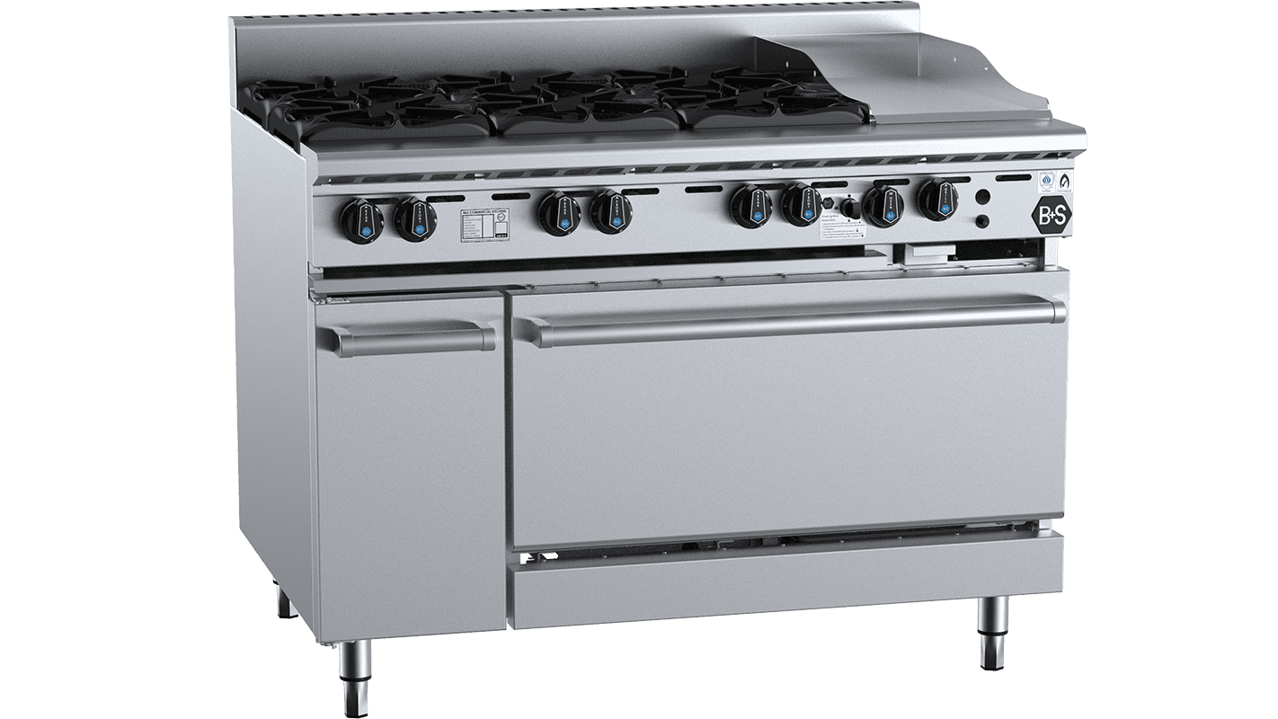 B+S Black Oven with Six Open Burners & 300mm Grill Plate Natural Gas