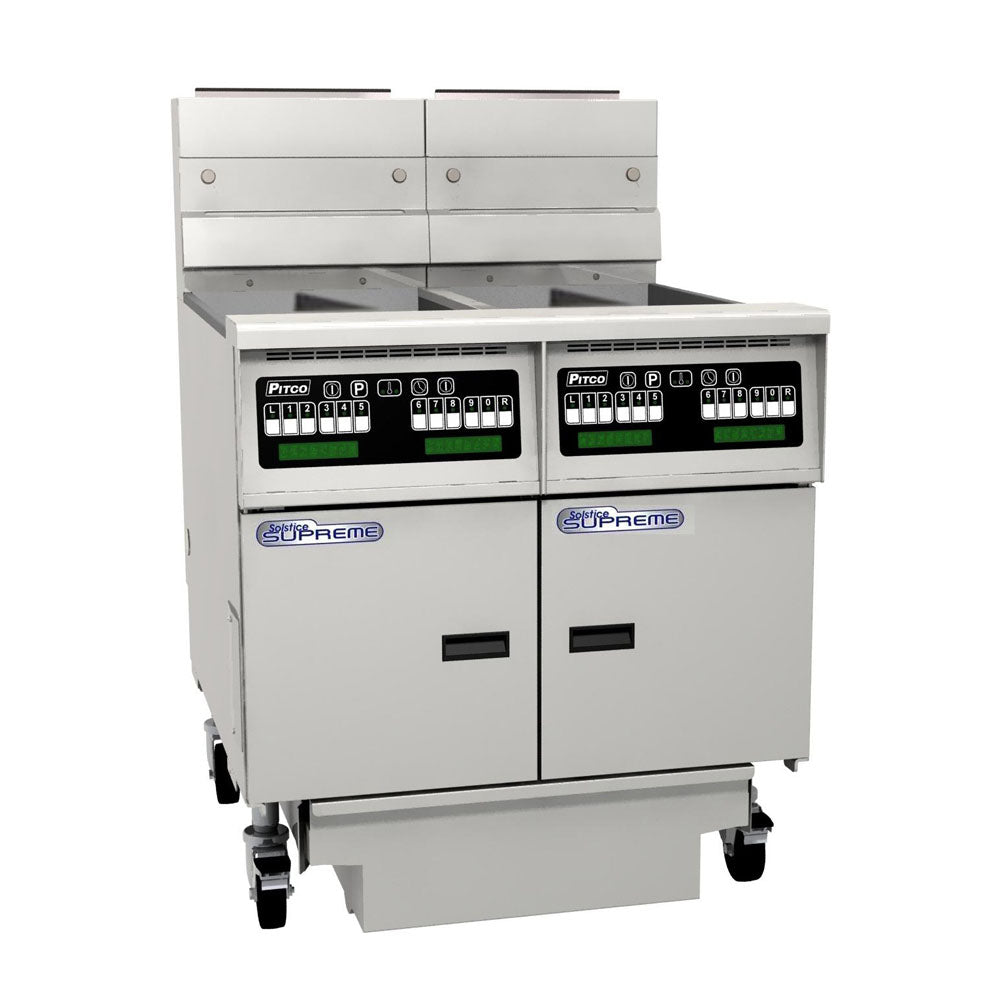 Pitco Electric Fryer Split Tank , Computer Control, Filter Drawer On Casters, Flush Hose, Double Fryer Bank On Casters SE14T-C/FD/FF
