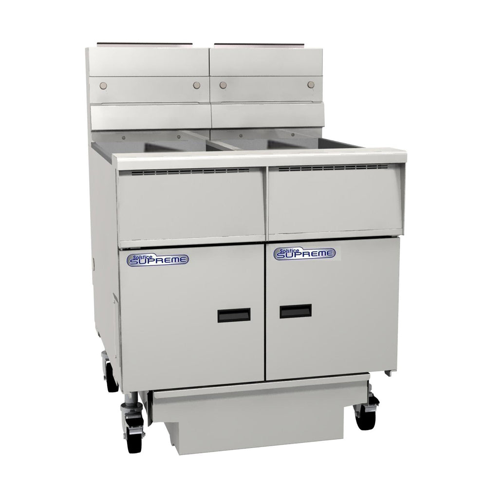 Pitco Electric Fryer Split Tank, Solid State Control, Filter Drawer On Casters, Flush Hose, Double Fryer Bank On Casters SE14T-FD/FF