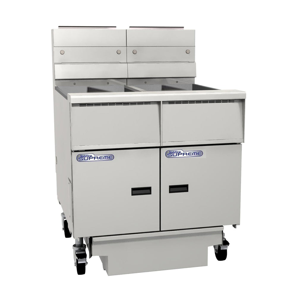 Pitco Gas Fryer Split Tank, Solid State Control, Filter Drawer On Casters, Flush Hose, Double Fryer Bank On Casters SSH55T-FD/FF