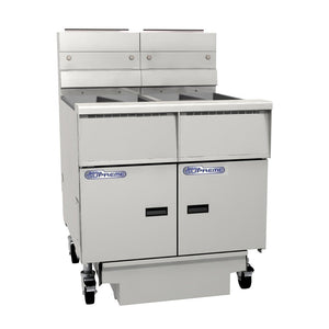 Pitco Gas Fryer Split Tank, Solid State Control, Filter Drawer On Casters, Flush Hose, Double Fryer Bank On Casters SSH55T-FD/FF
