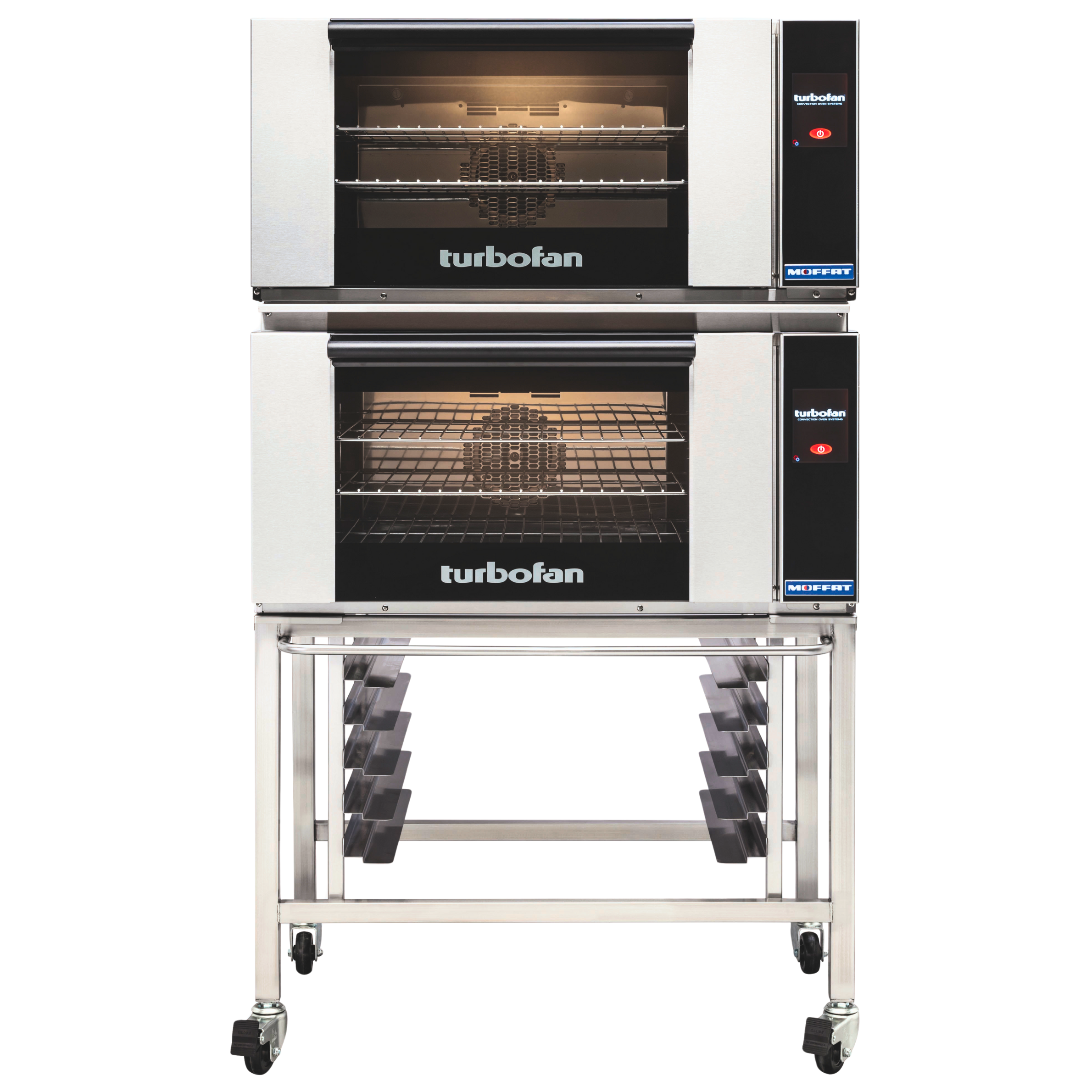 Turbofan E27T3/2C - Full Size Electric Convection Ovens Touch Screen Control Double Stacked on a Stainless Steel Base Stand