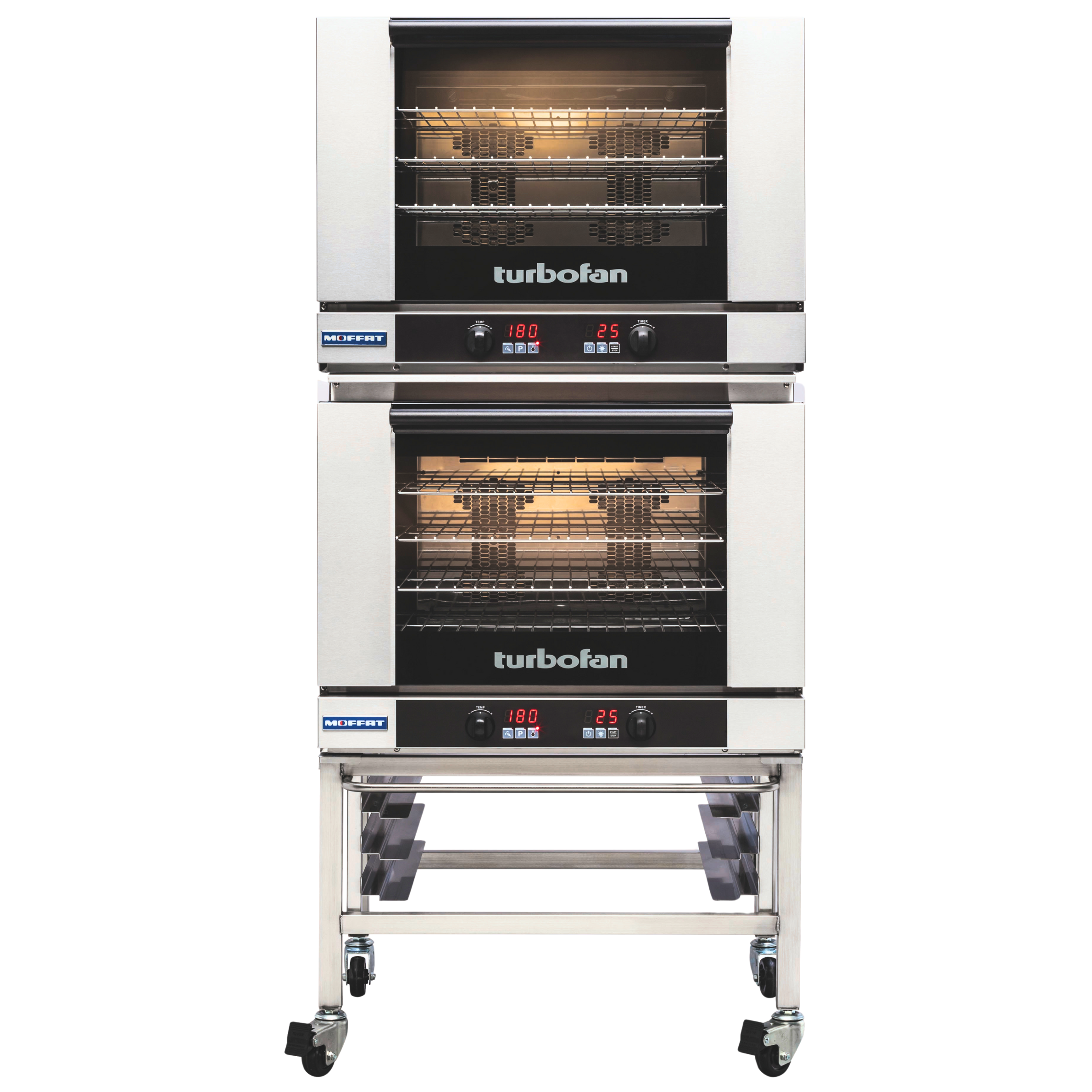 Turbofan E28D4/2 - Full Size Tray Digital Electric Convection Ovens Double Stacked on a Stainless Steel Base Stand