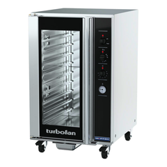 Commercial oven with glass door and control panel on a white background, featuring the Turbofan brand.