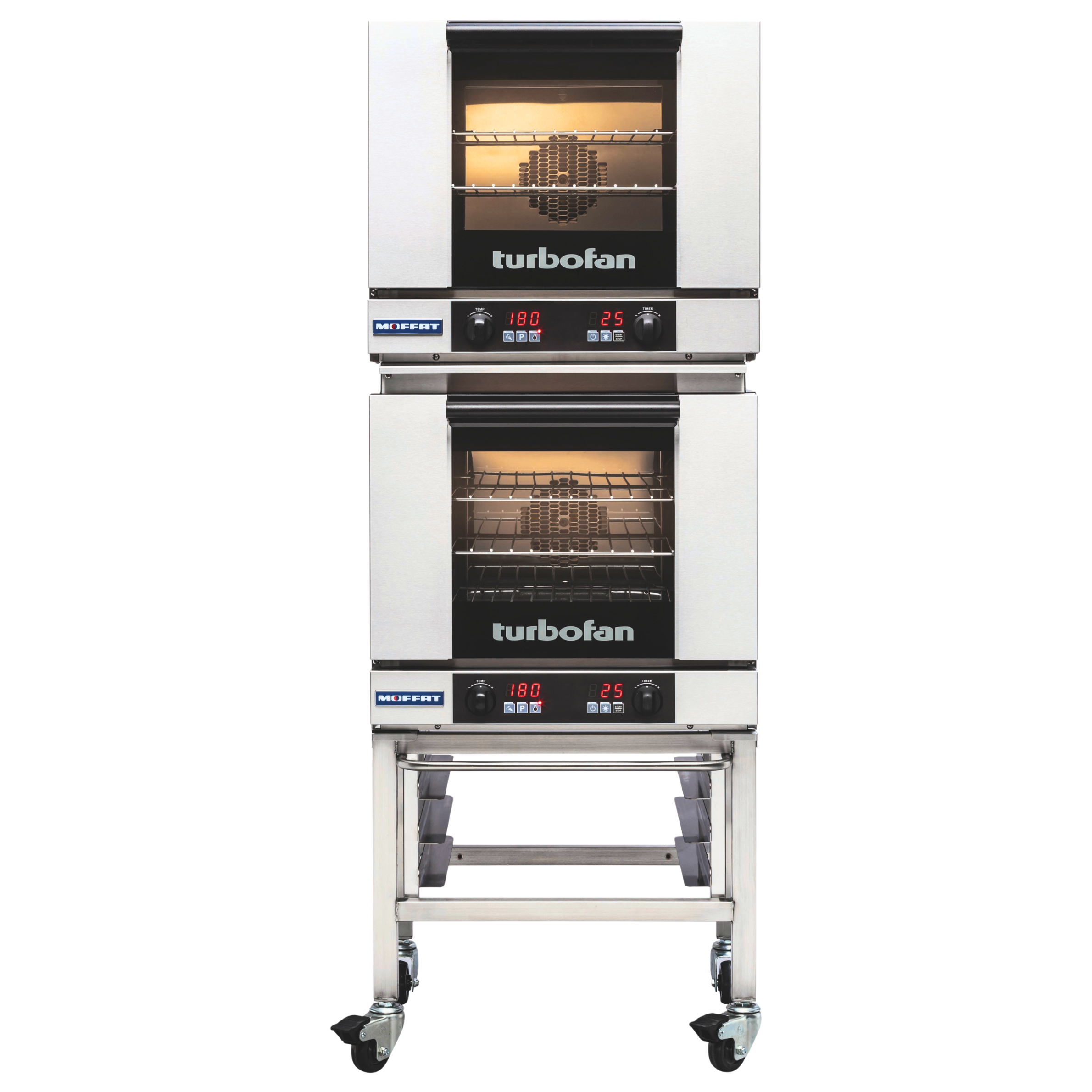 Turbofan E23D3/2 - Half Size Tray Digital Electric Convection Ovens Double Stacked on a Stainless Steel Base Stand