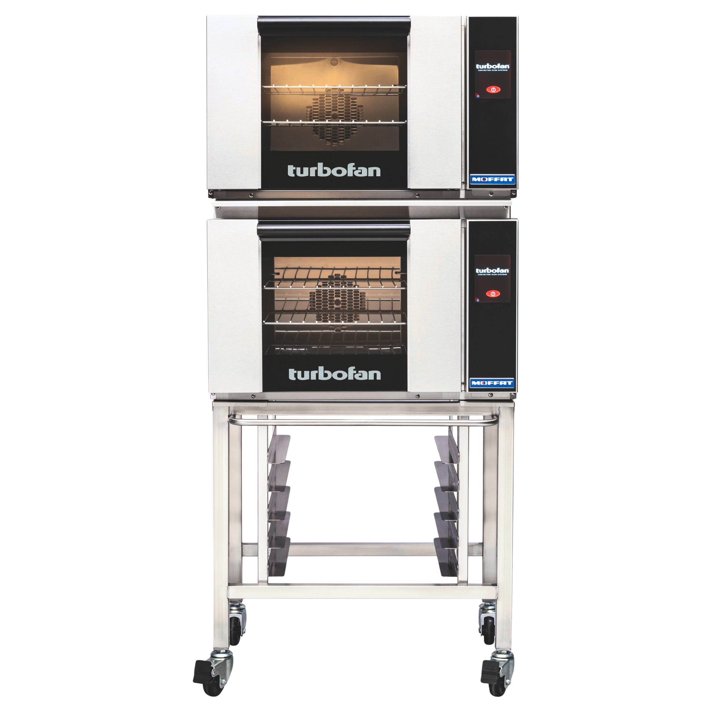 Turbofan E23T3/2 - Half Size Electric Convection Ovens Touch Screen Control Double Stacked on a Stainless Steel Base Stand
