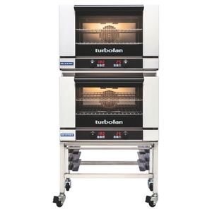 Turbofan E27D2/2 - Full Size Tray Digital Electric Convection Ovens Double Stacked on a Stainless Steel Base Stand