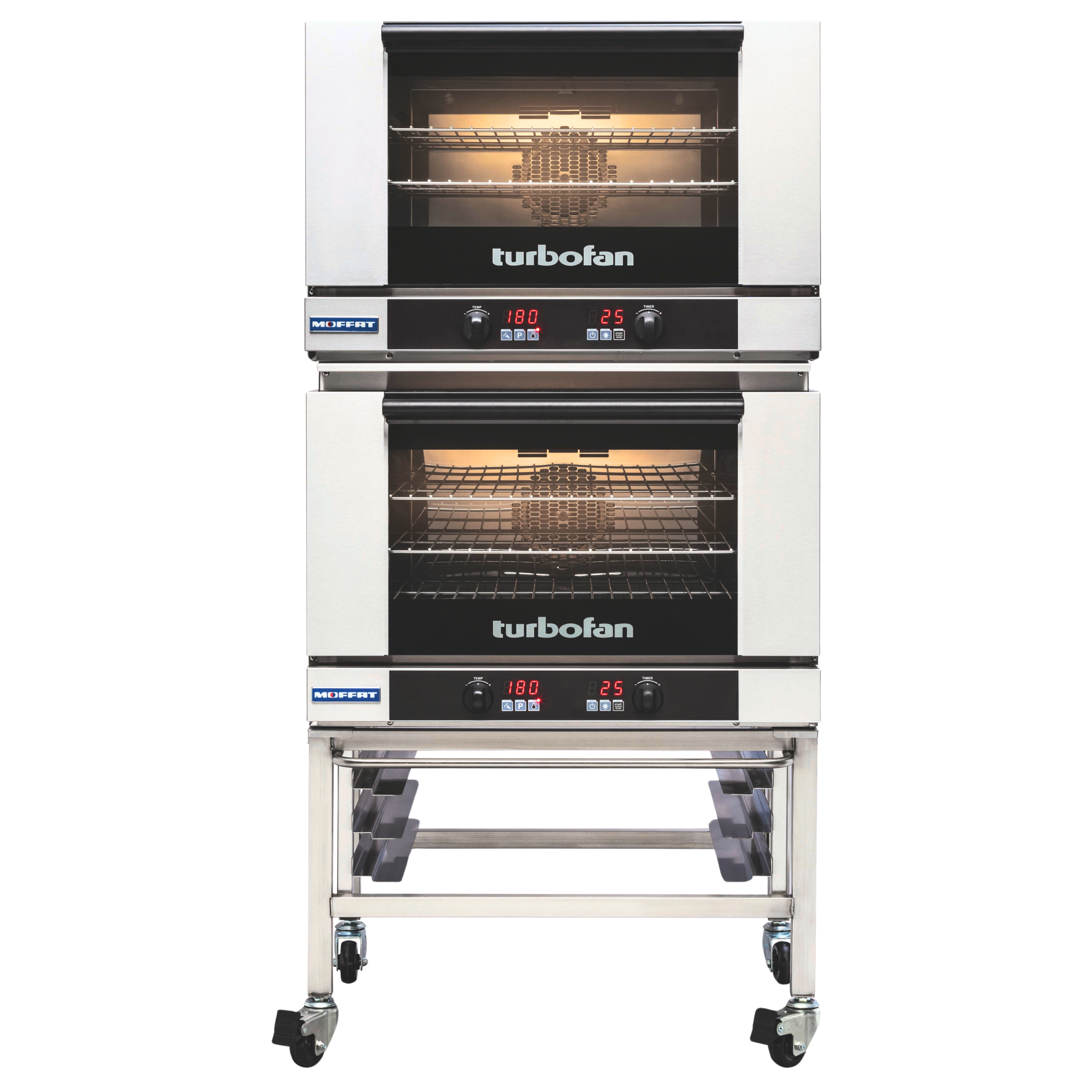 Turbofan E27D3/2C - Full Size Tray Digital Electric Convection Ovens Double Stacked on a Stainless Steel Base Stand