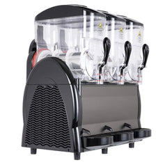 Three-compartment drink dispenser with black and clear design on a white background