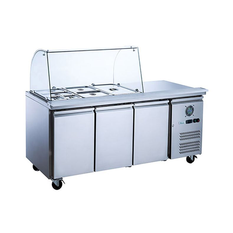 FED-X Three Door Salad Prep Fridge With Curve Glass Top XTHP3100SALGC
