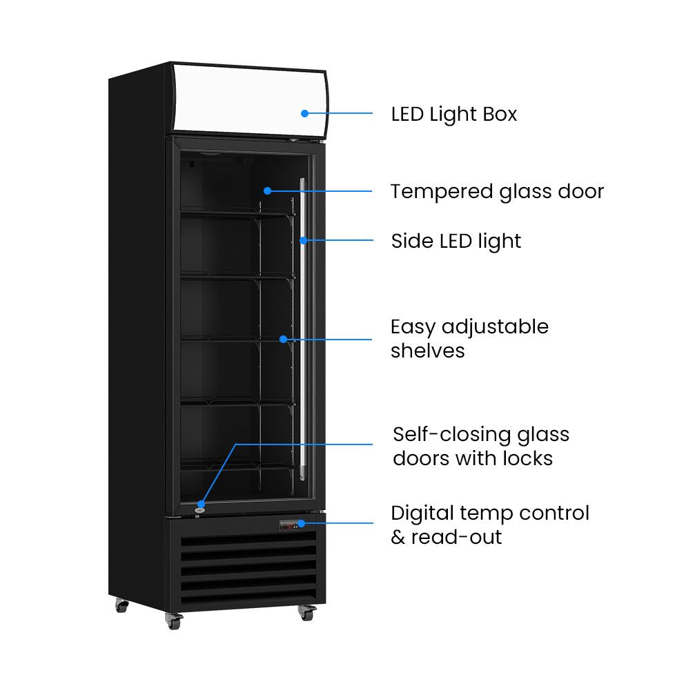 Thermaster 540L Single Glass Door Black Colourbond Upright Drink Fridge LG-540BP