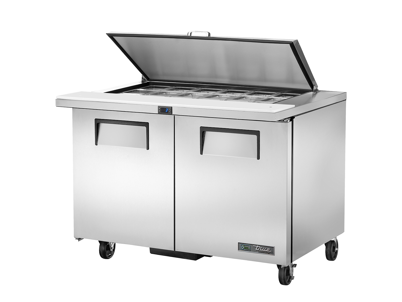 True Prep Table 18x 1/6 Top Pans 2 Solid Swing Doors Removable lids TSSU-48-18M-B-HC FLID-TR