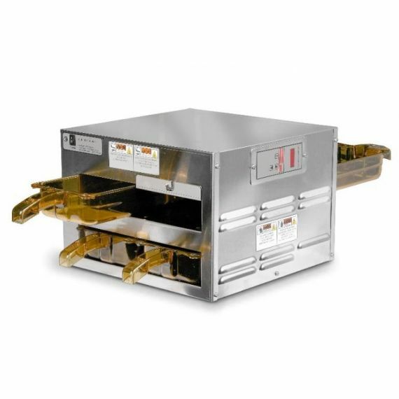 Henny Penny heated display cabinet with pass through design for keeping hot foods warm and ready for service.