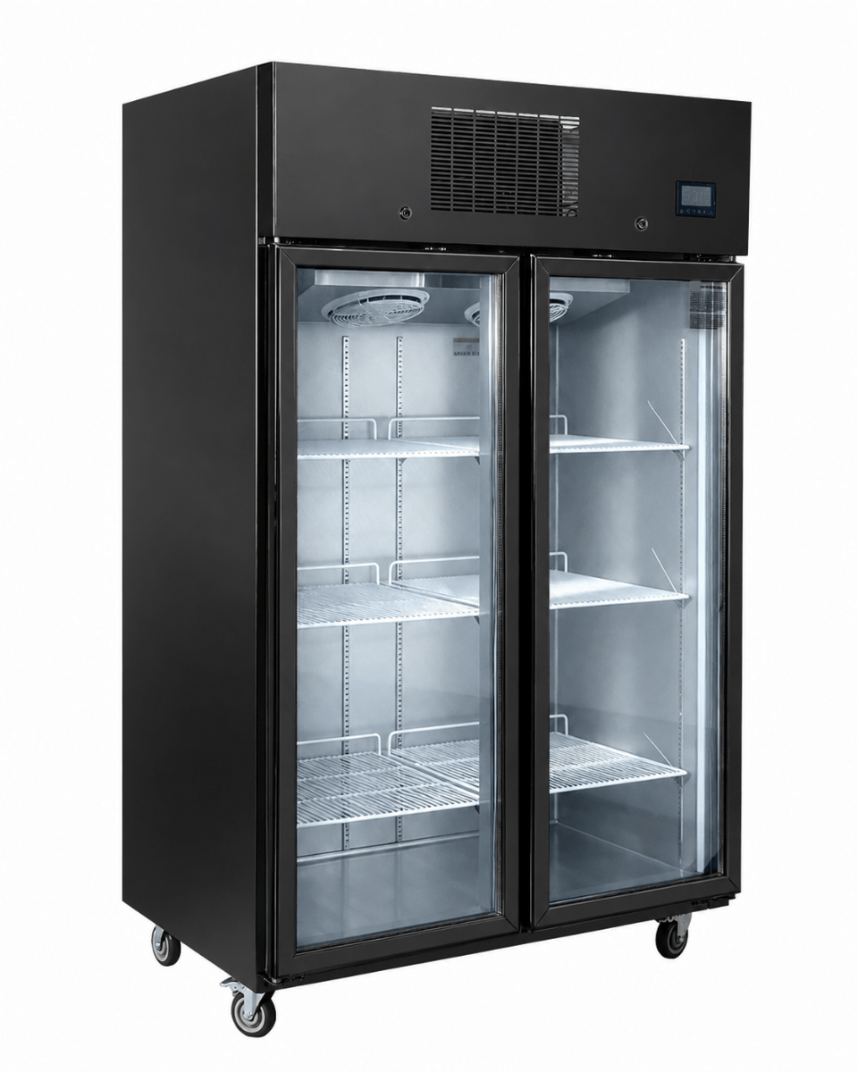THERMASTER 1000L Full-Width Double Black Glass Door Upright Display Fridge — SFWCG1000B