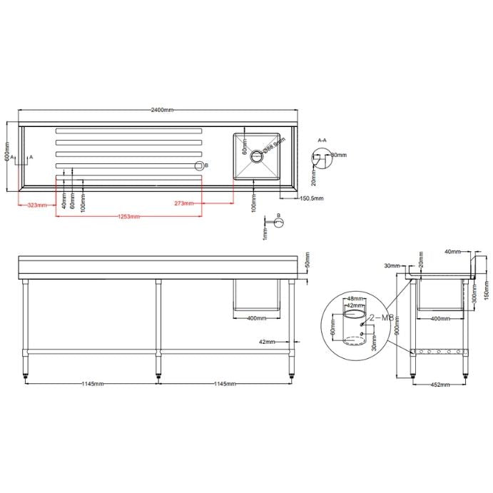 Modular Systems 304 Grade Stainless Steel Single Left Sink Benches