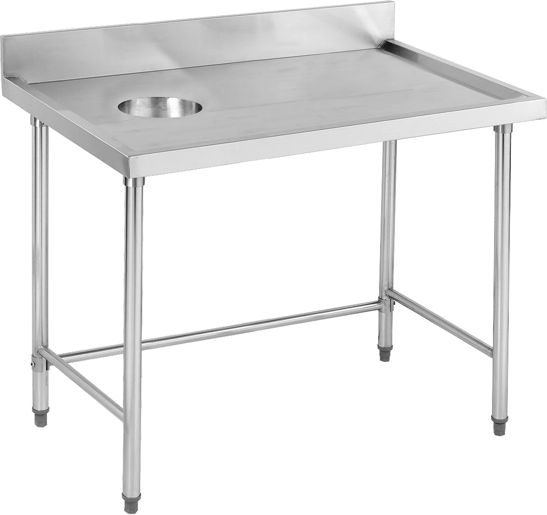Stainless steel waste collection bench with scrape hole and splashback for commercial kitchen use. Purchase now!