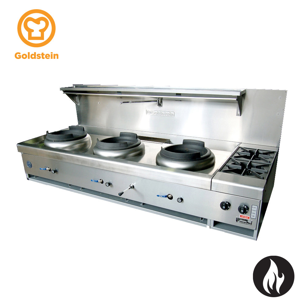 Goldstein wok range family image; burner configuration may differ